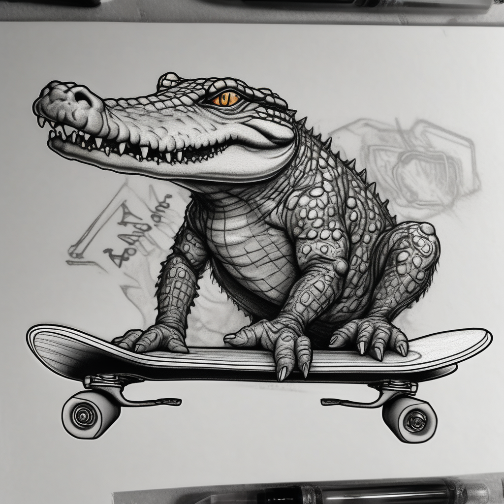 crocodile riding a skateboard with piercings and tattoos glitter tattoo, AI-generated Realistic tattoo design